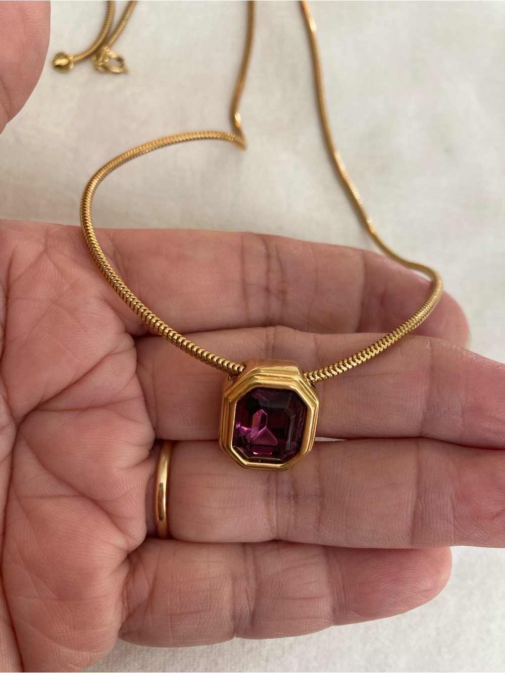 Gold Tone Necklace with Amethyst Colored Glass Stone - Picture 6 of 7